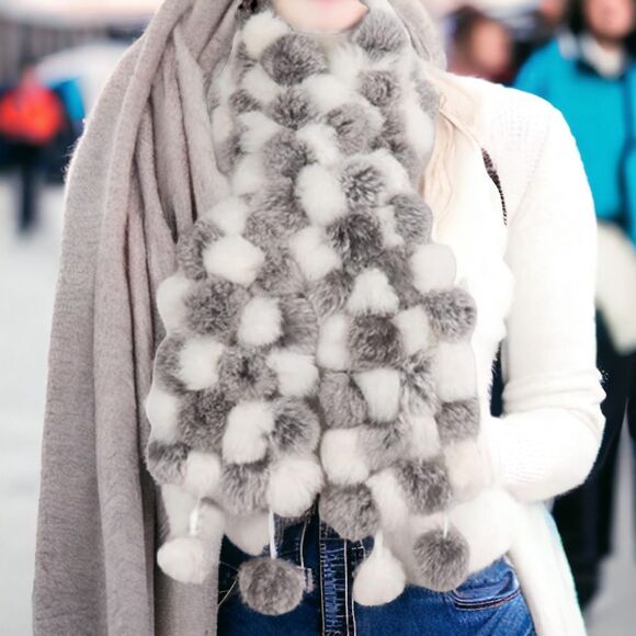 Checker Gray White Pom Pom Tassel Fur Neck Wrap Scarf - NEW - Picture 1 of 4